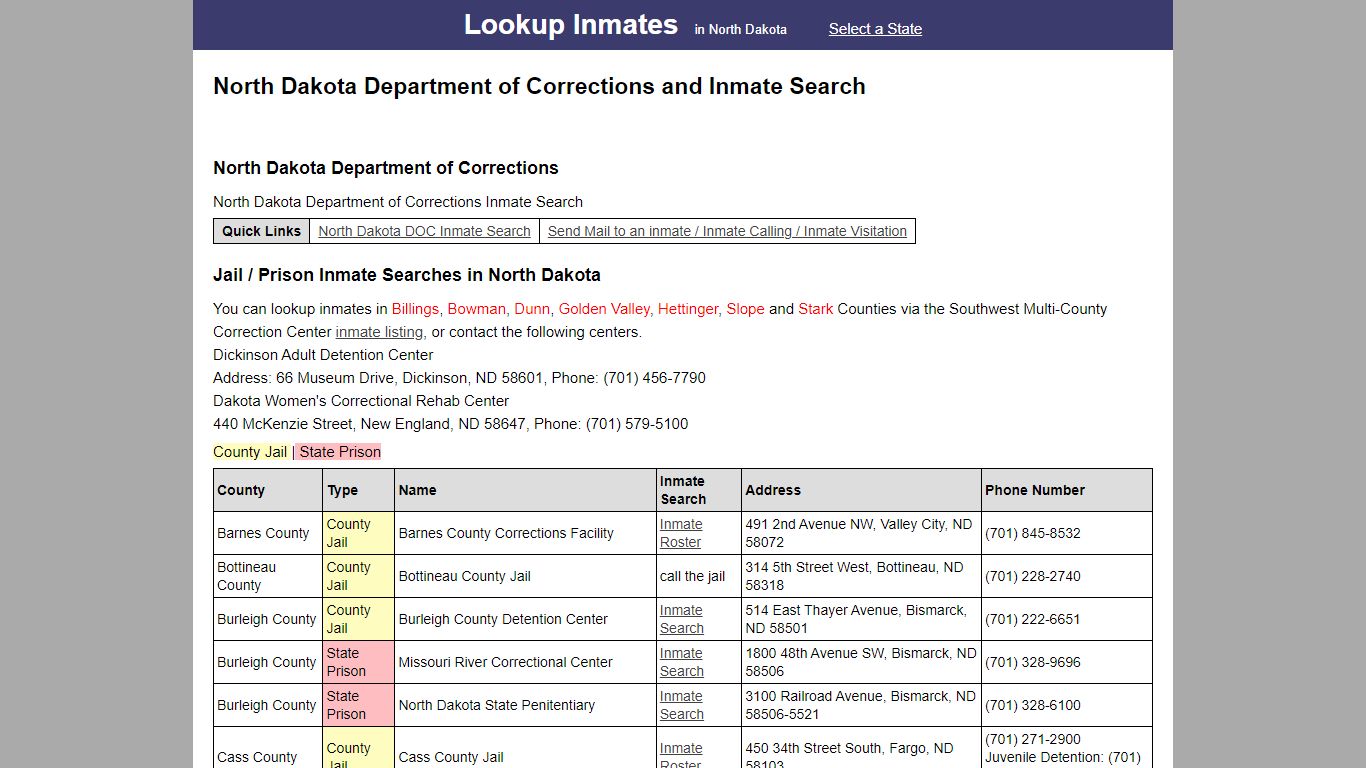 North Dakota Department of Corrections and Inmate Search